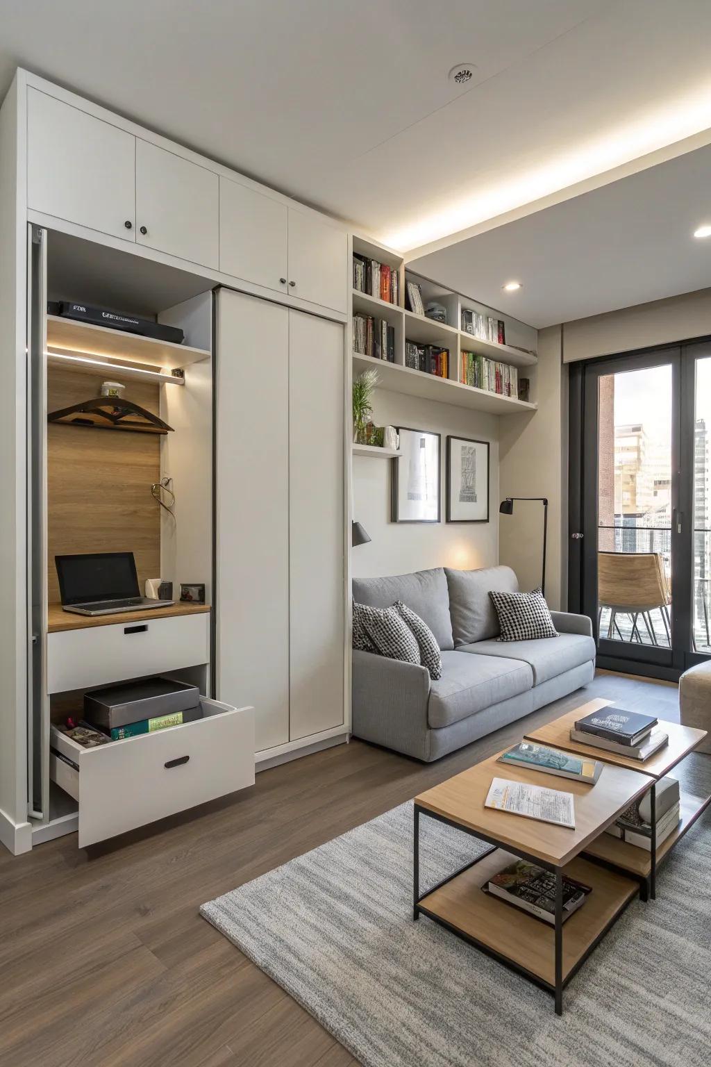 Concealed storage aids in upholding an orderly and organized studio space.