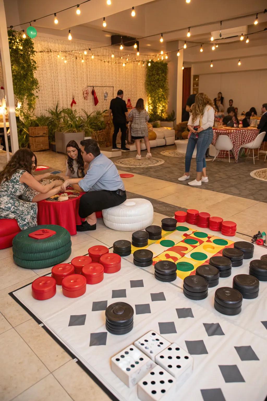 Gigantic board pastimes provide interactive amusement for your attendees.