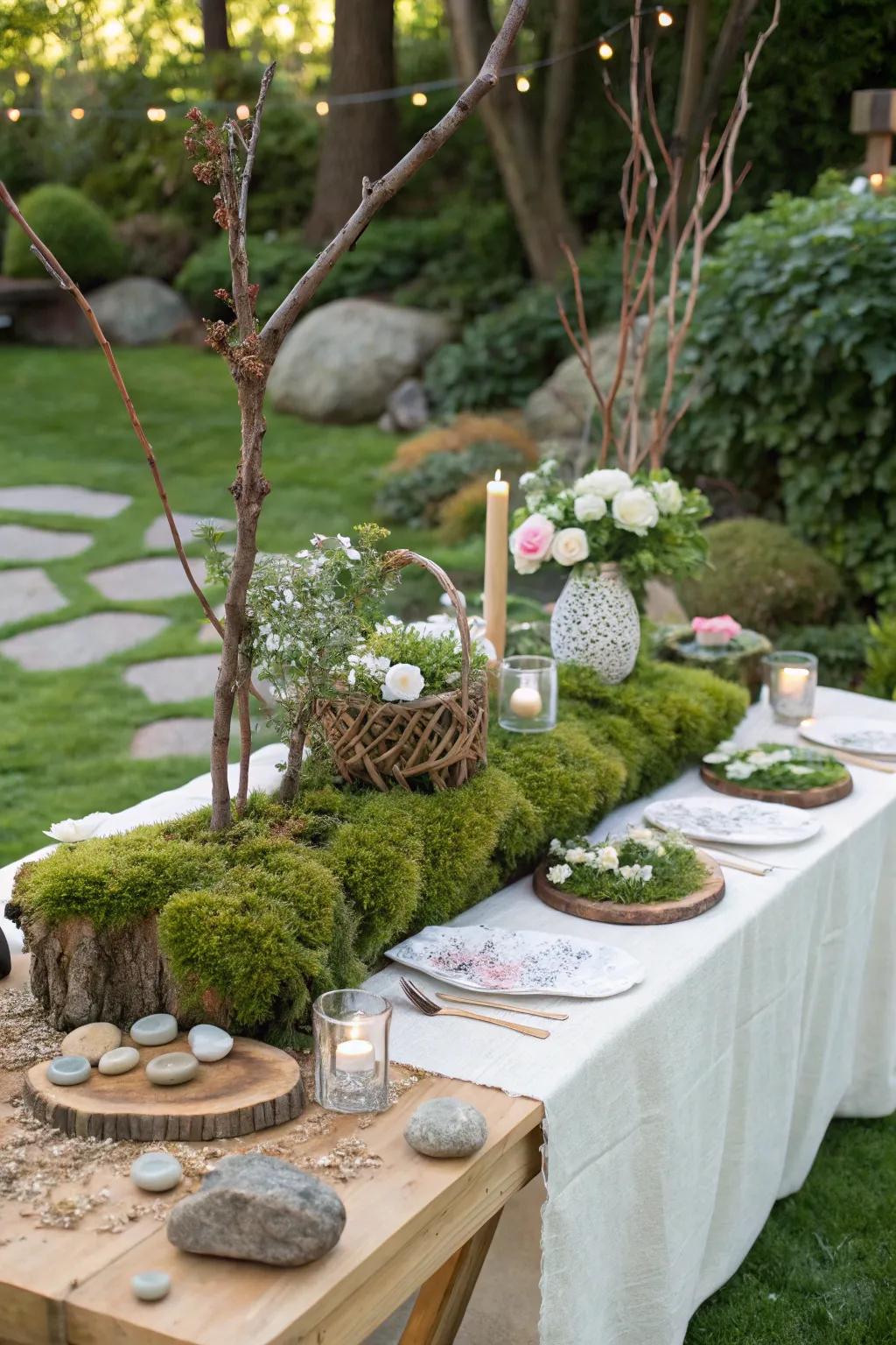 The garden is brought to the table with nature-inspired decorations.