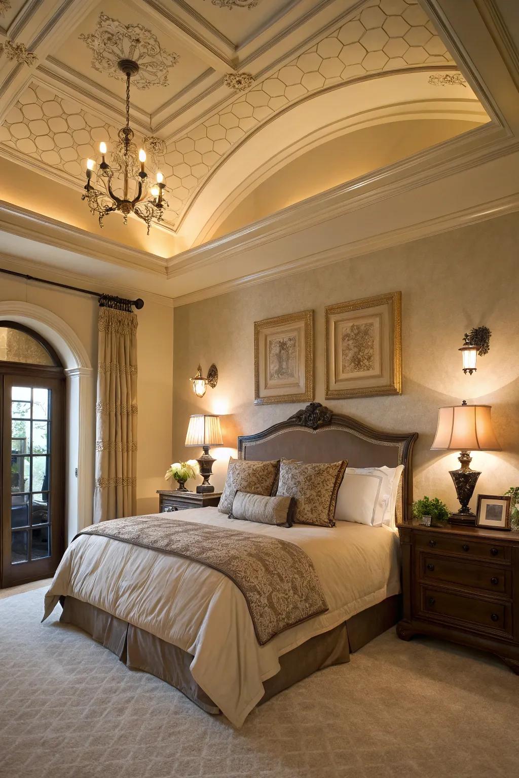 Decorative trim frames the space above the bed beautifully.