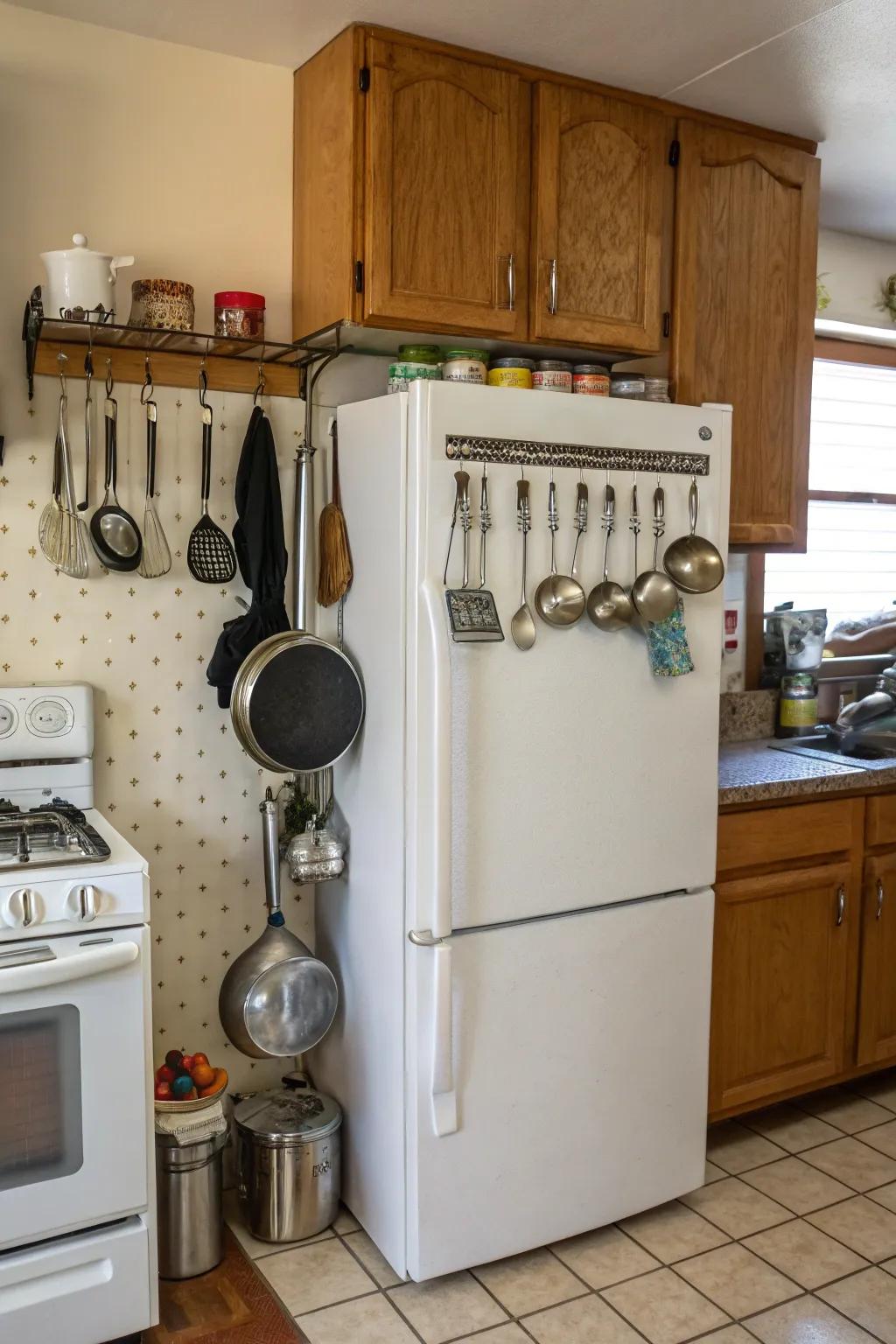 Utensil hooks keep frequently used tools within reach.