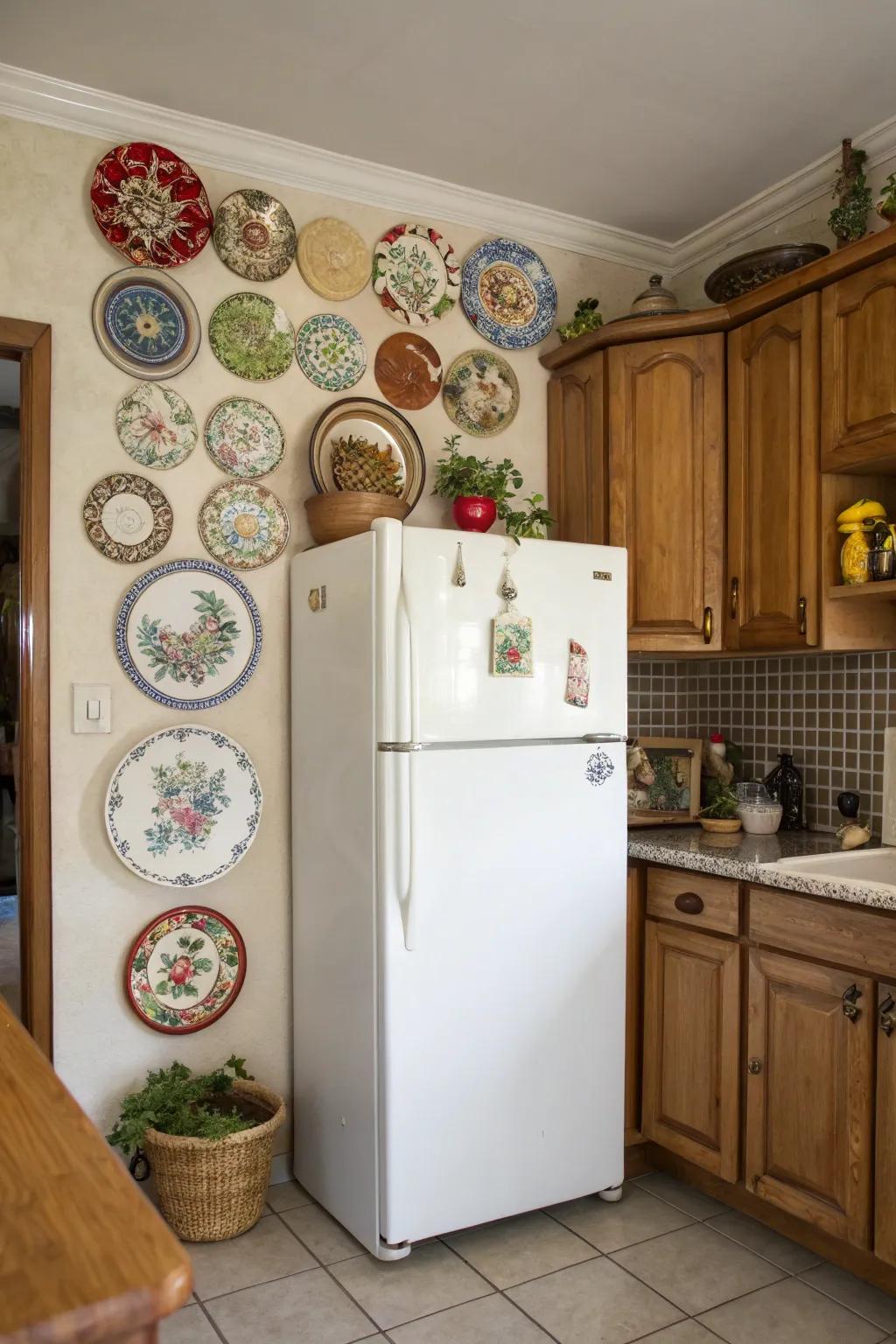 Decorative plates add color and artistry to your fridge top.