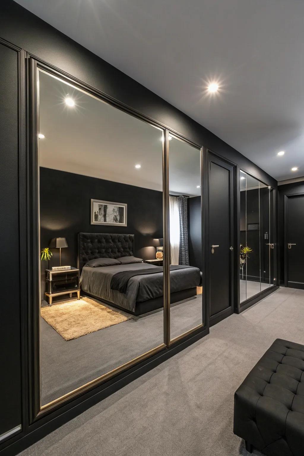 A dark-themed boudoir using strategically positioned reflectors to enhance space.
