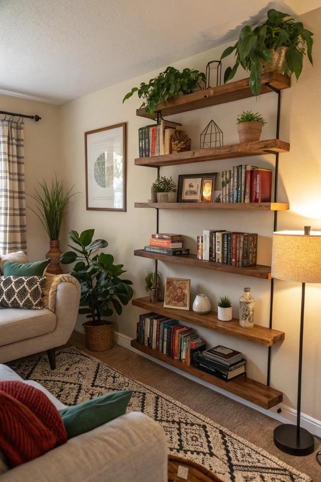 A living room featuring stylish floating shelves.