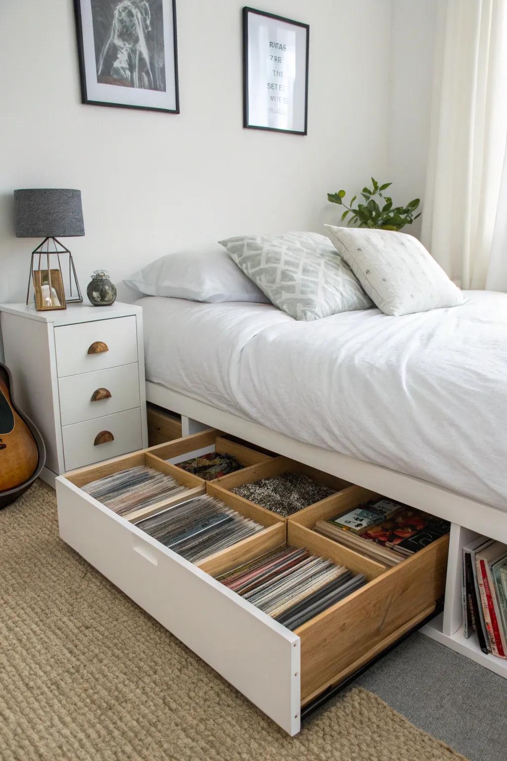 Under-bed storage boxes keeping vinyl records secure and out of sight.