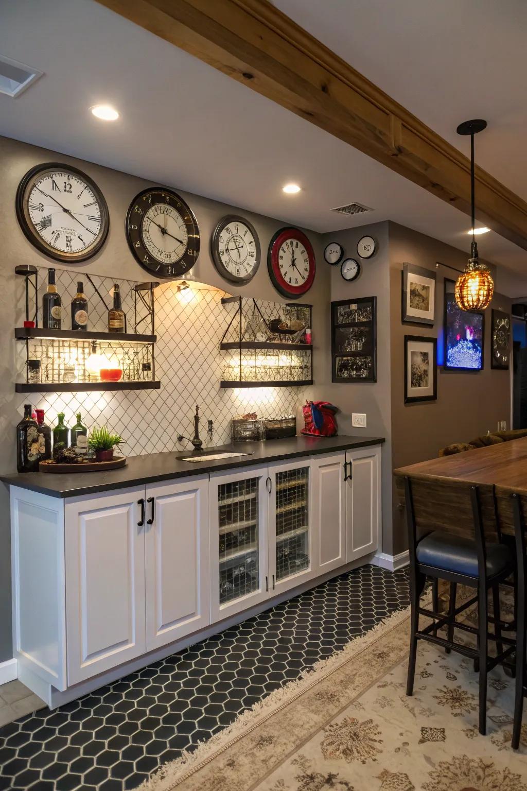 Timepieces create a whimsical statement wall in this bar.