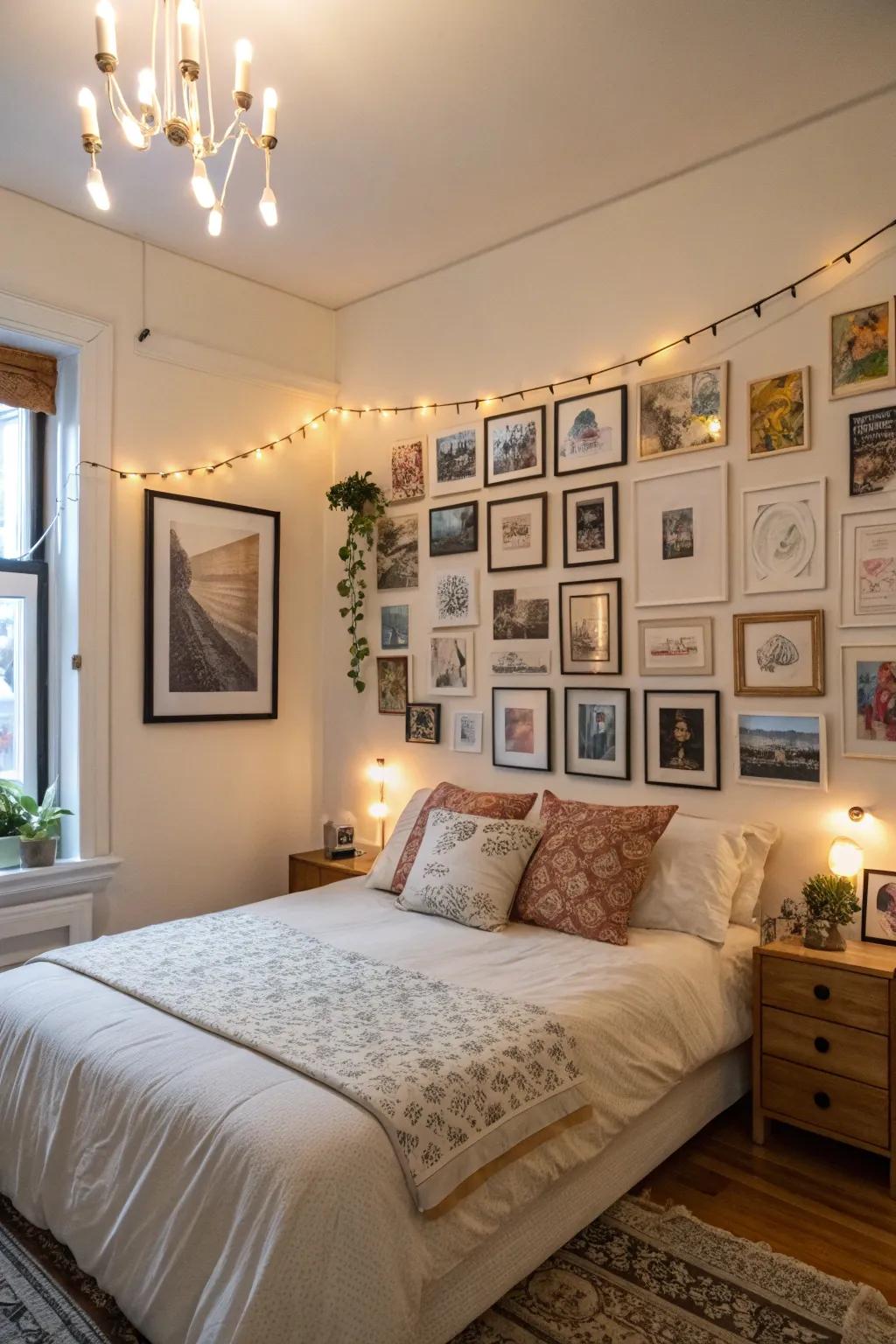 An apartment bedroom featuring a personalized feature wall of artwork and photos.