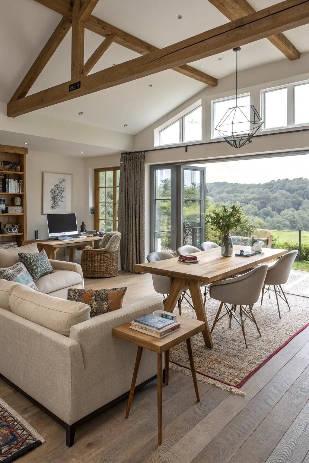 This open-plan living area uses separate furniture zones to achieve a multi-functional space.