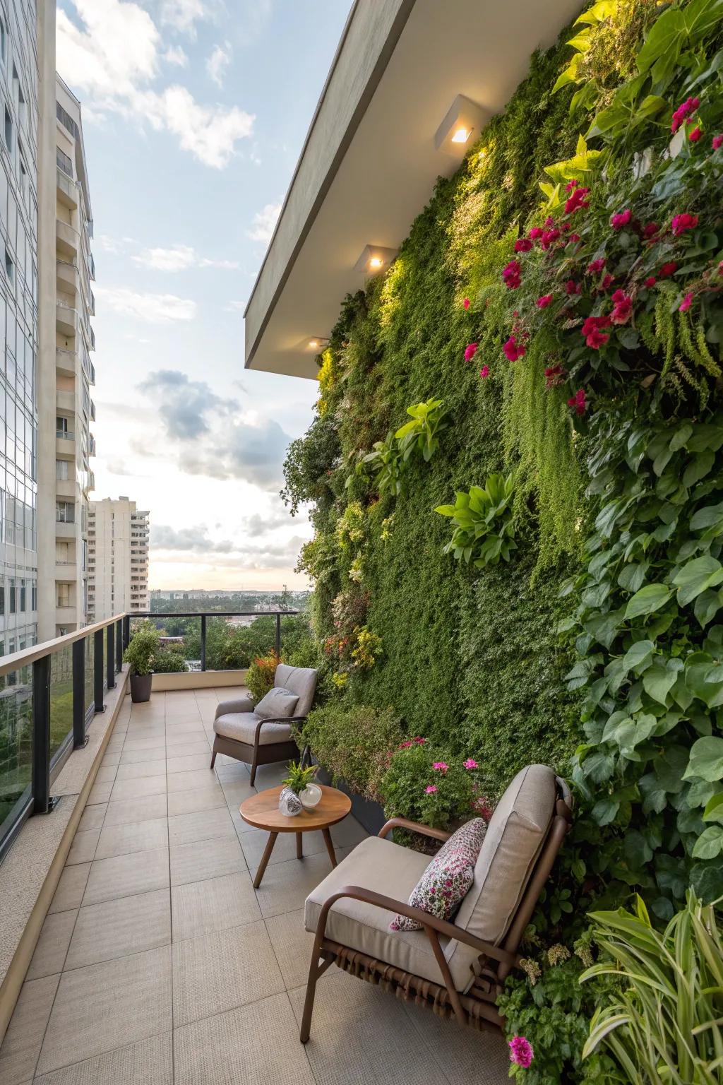 A vertical garden maximizes area and incorporates greenery.