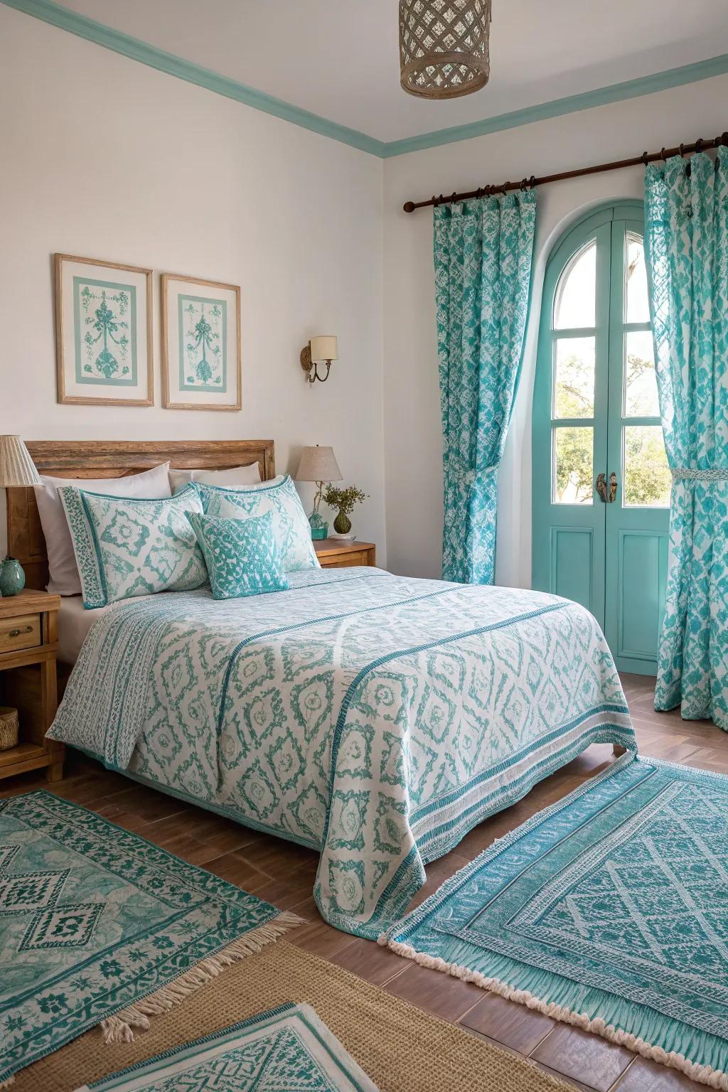 Eclectic patterns add visual intrigue to the bedroom.