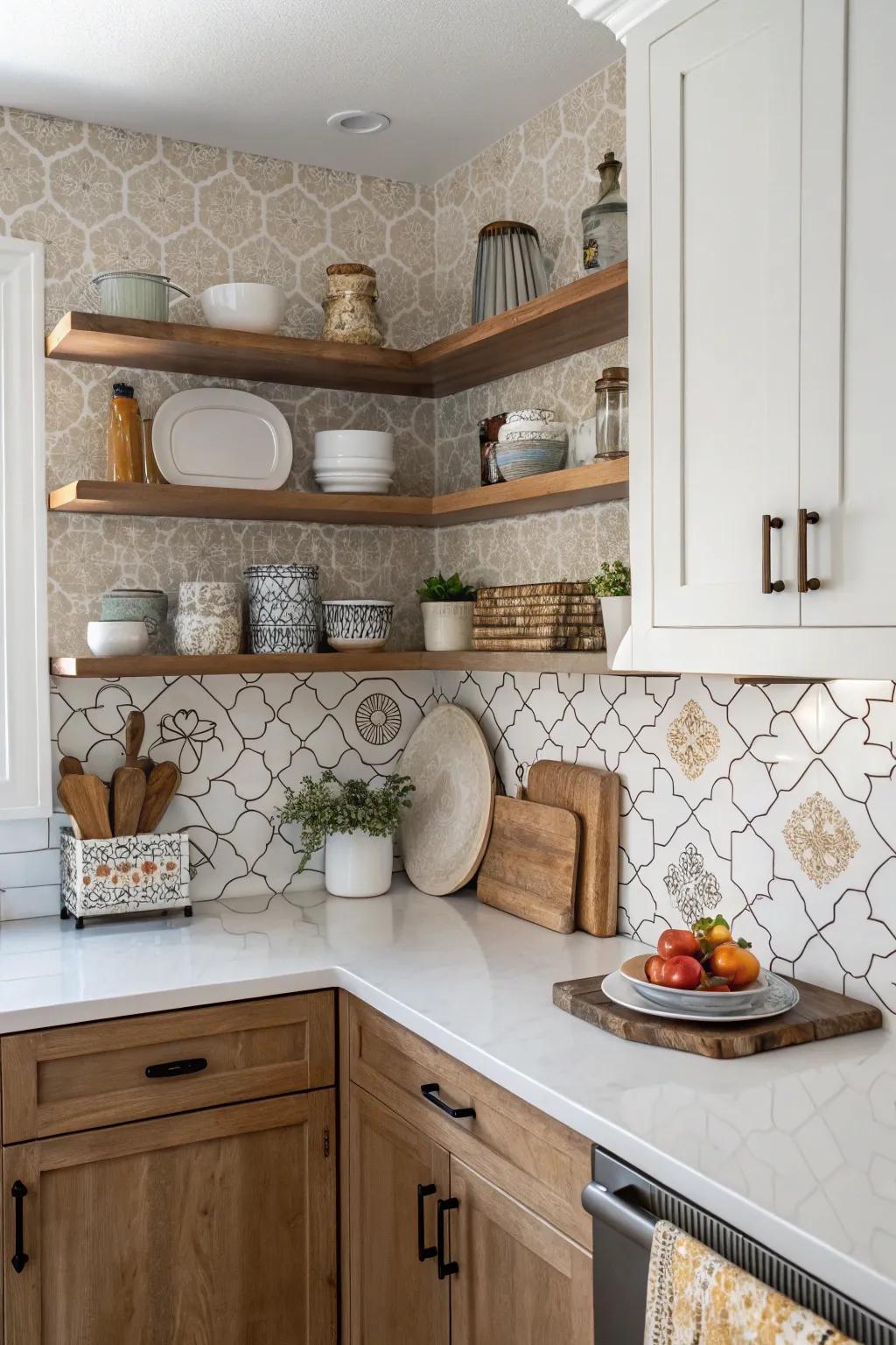 A personalized kitchen features exposed shelving that enhances the arabesque tile backsplash.