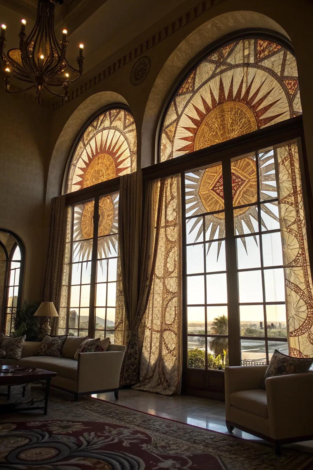 A dramatic living sector showcases sunburst fabric construction on arched windows.