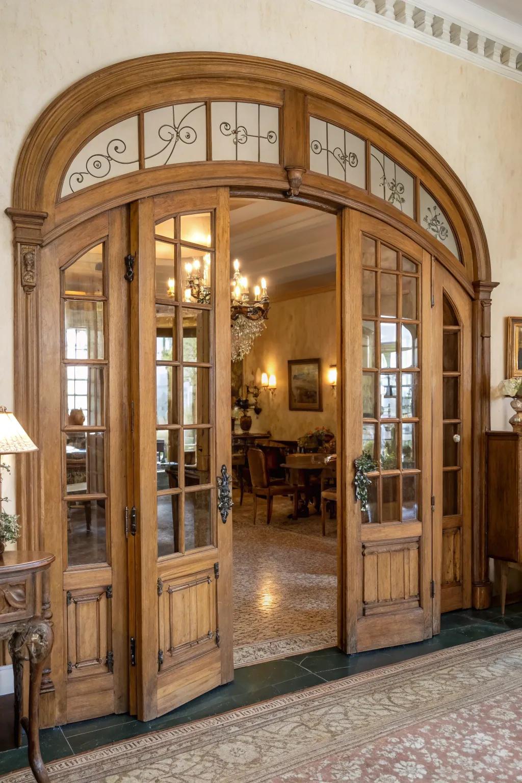 Vintage folding arched gates appending allure and usefulness to the interior.