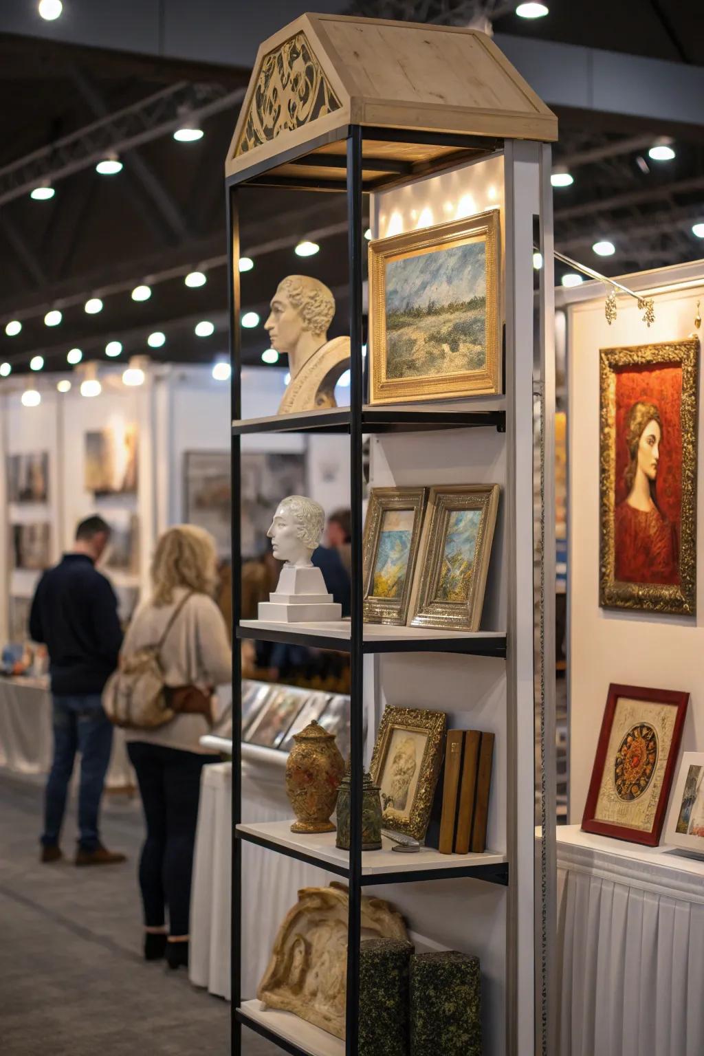 Shelves impart structure and amplify the visual appeal of the artistic exhibition.