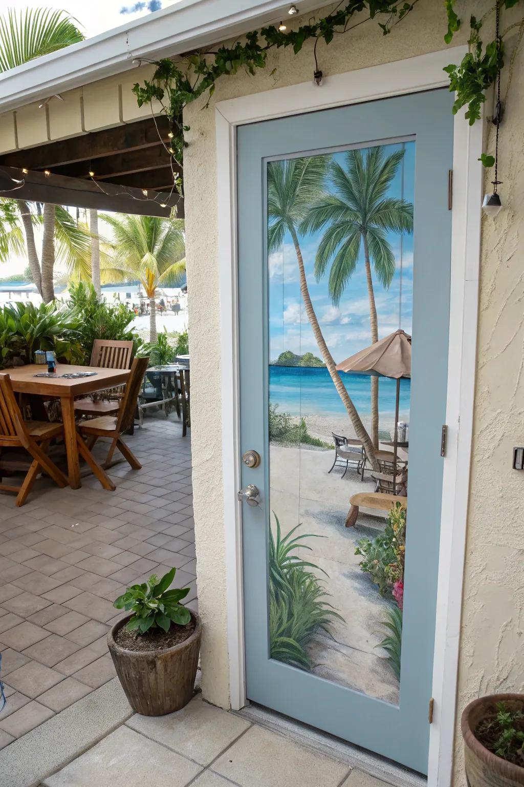 A freehand mural door that invites you to a coastal escape.