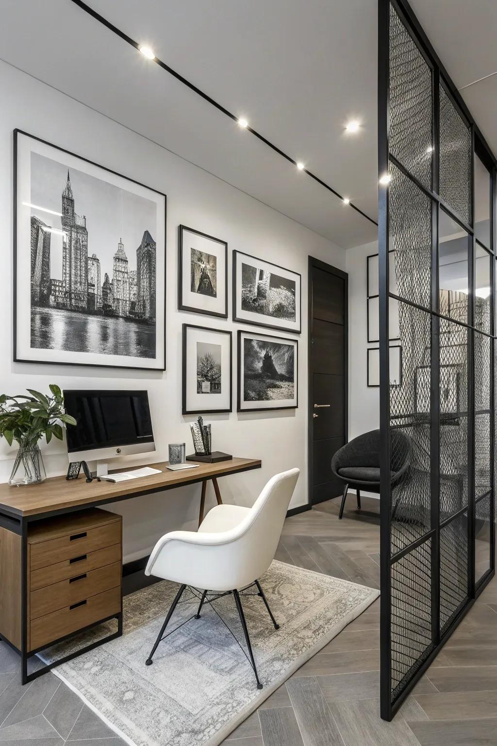 Grayscale art delivers attention and detail in this office.
