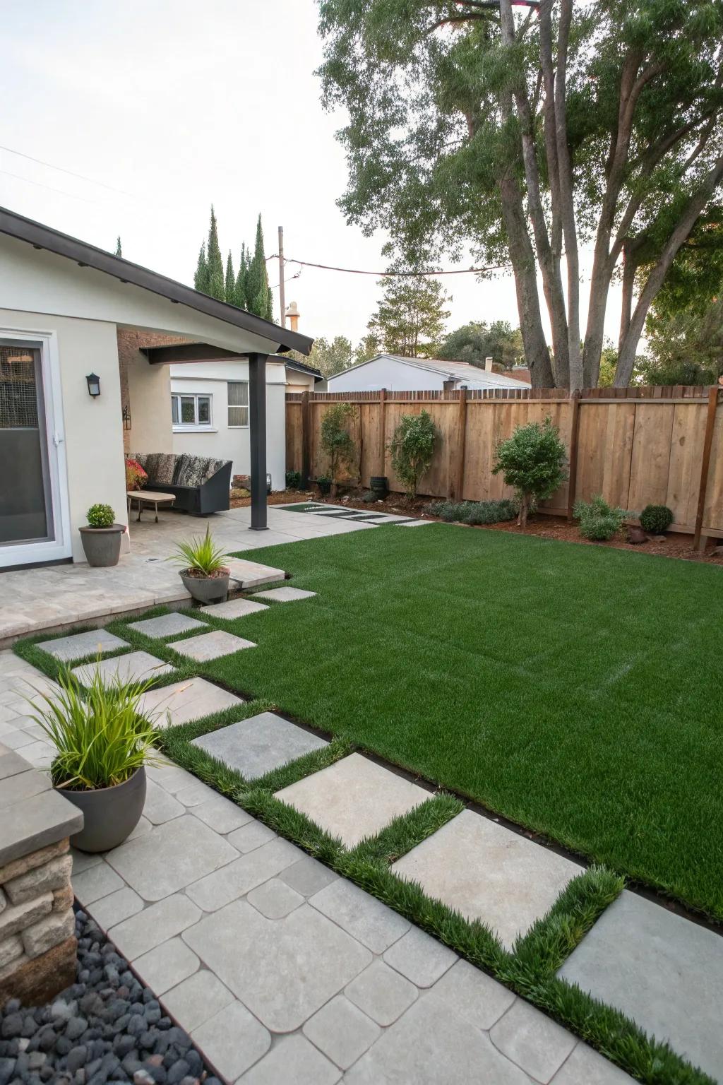 Achieve modern elegance with a combination of hardscapes and synthetic lawn.