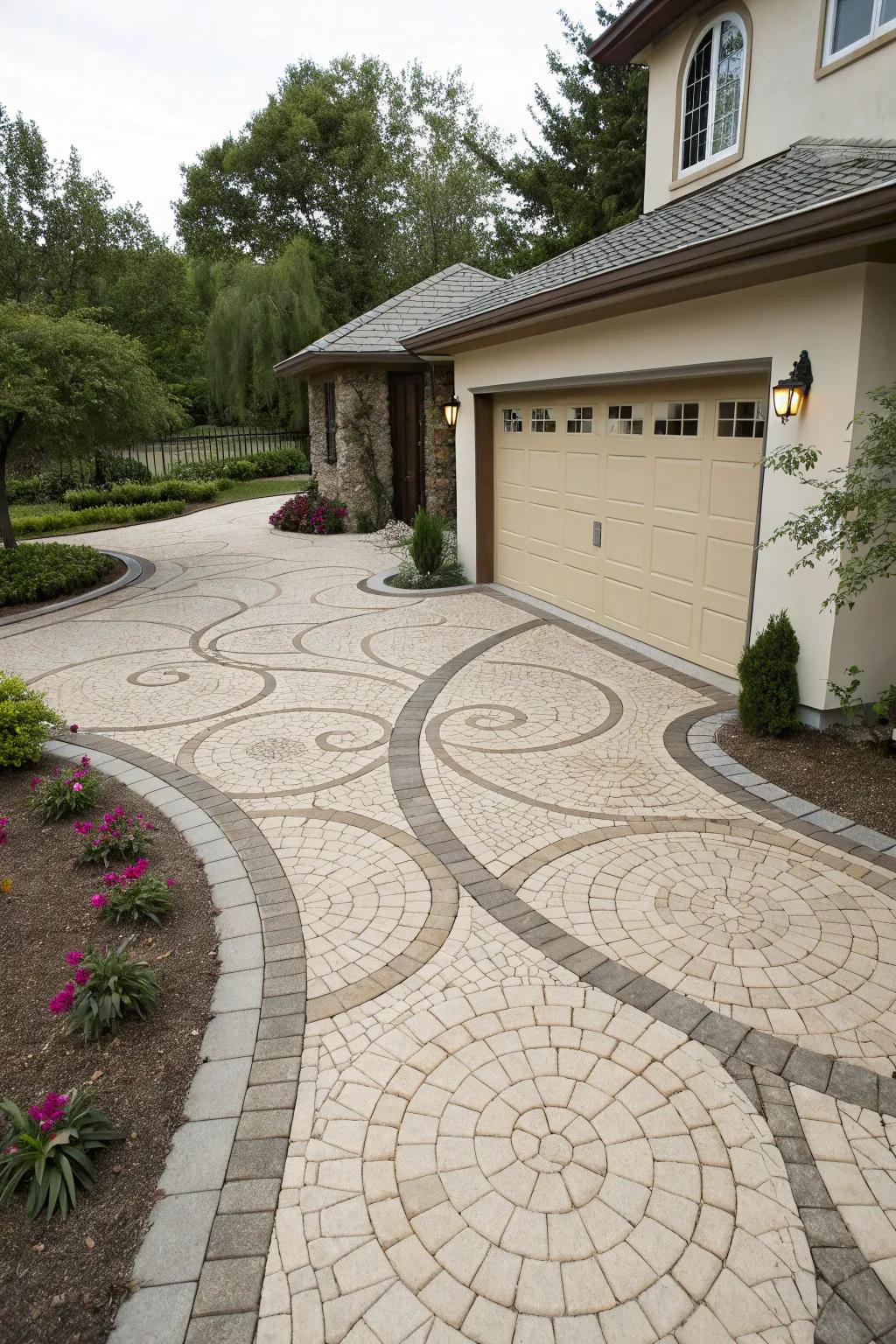 A driveway featuring unique paving designs that enriches the property's character.