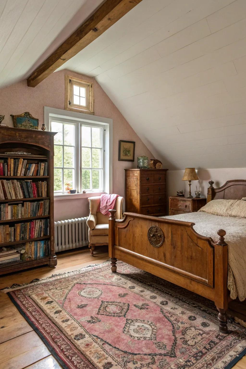 Retro elements bring elegance and nostalgia to your attic getaway.