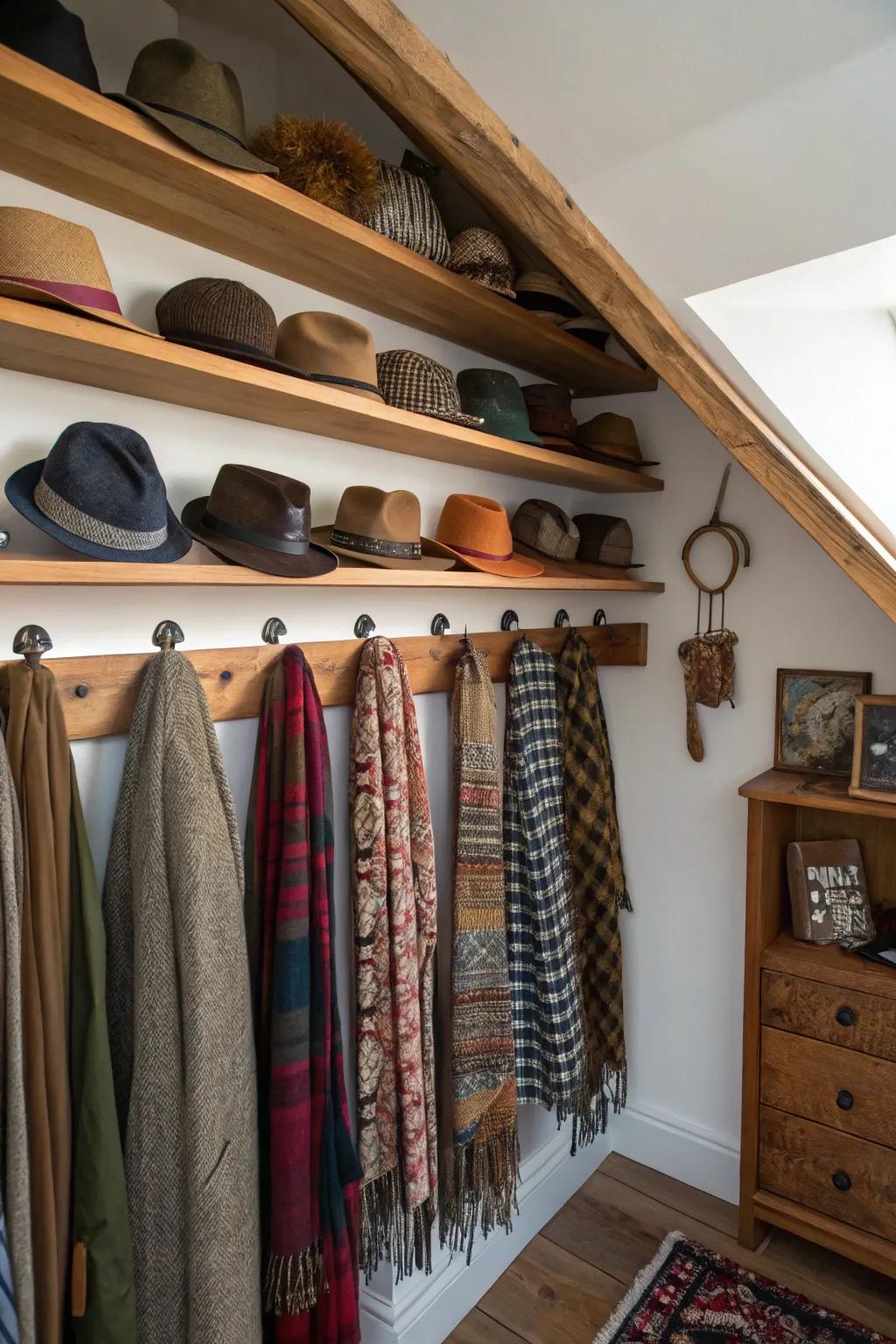 Mounted hooks offer easy access to accessories.