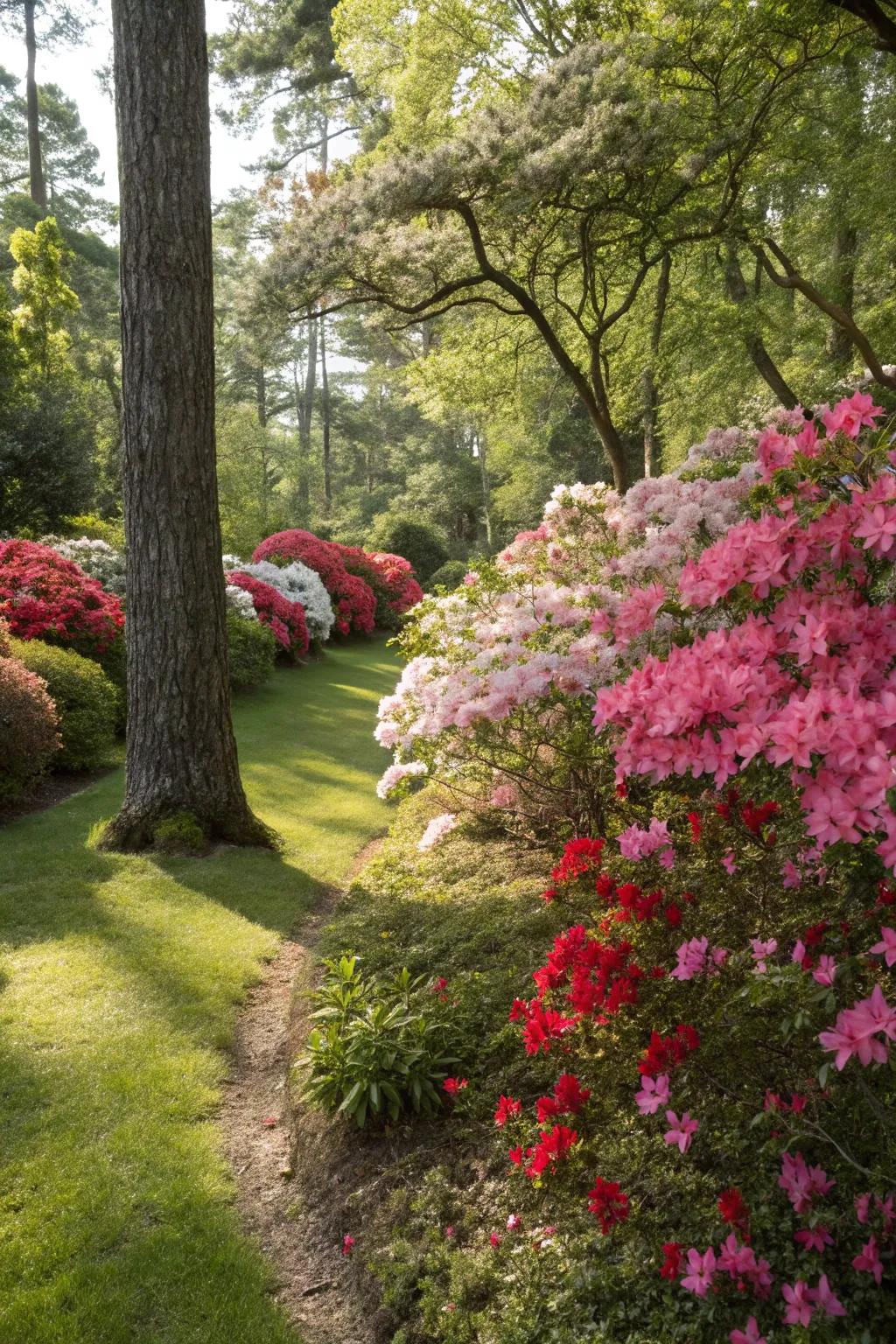 Azaleas converting a shadowed nook into a garden highlight.