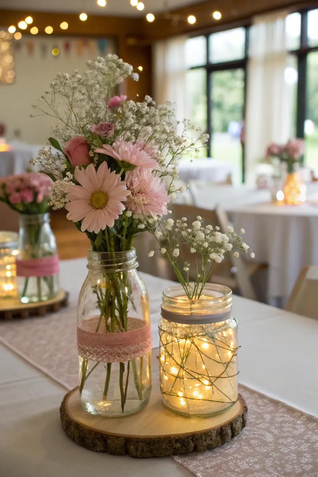Handcrafted focal decorations featuring mason jars and fairy lights fashion a charming table setting.