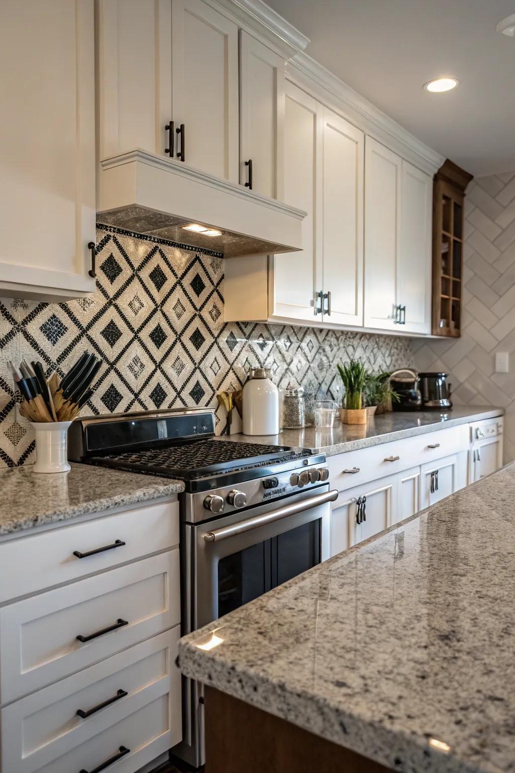 Onyx and snow bricks create a dramatic contrast with mystic earth stone.