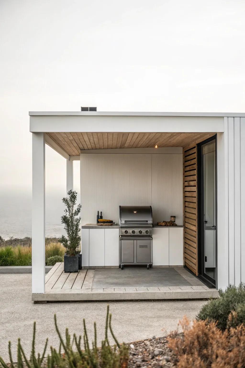 Ageless allure with a minimalist BBQ shed.