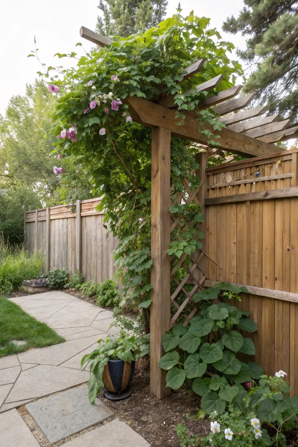 A timber trellis presents sustenance and visual engagement.