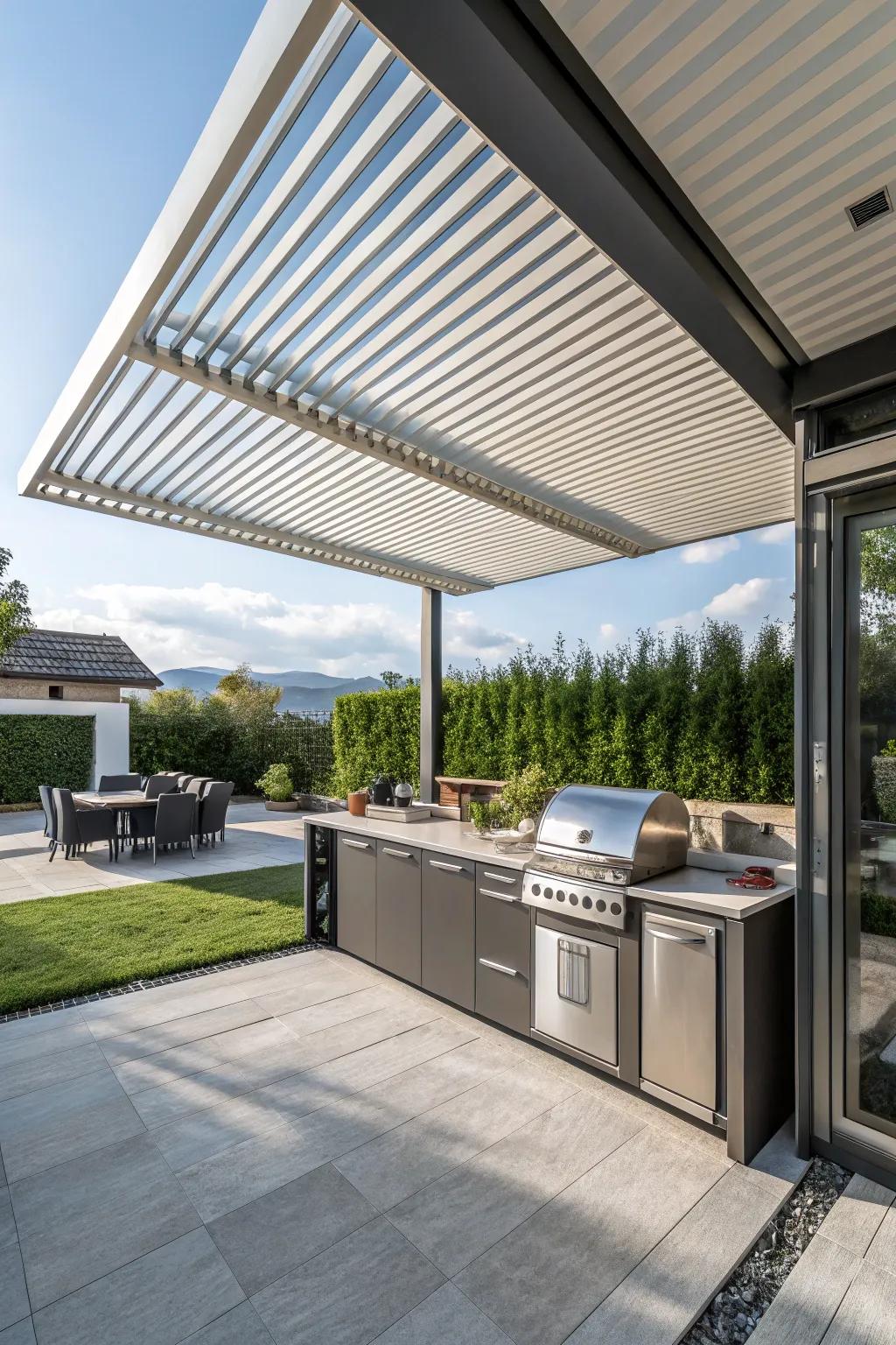 A louvered roof lets you adjust the shade and airflow in your kitchen.