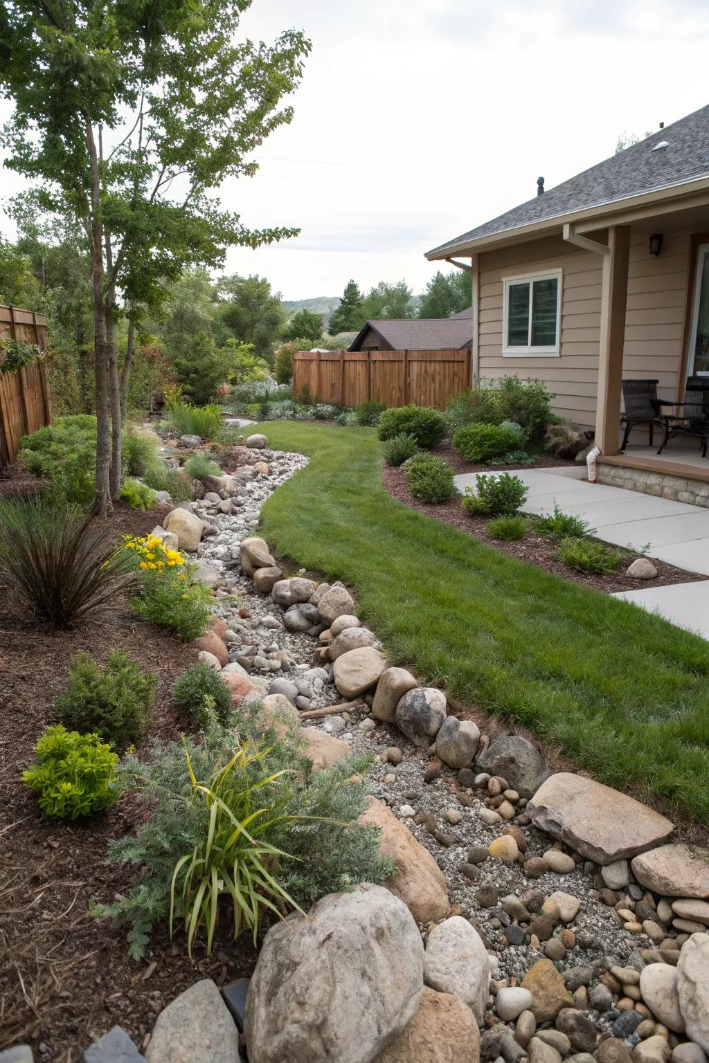 A rock stream feature adding charm and function to a backyard.