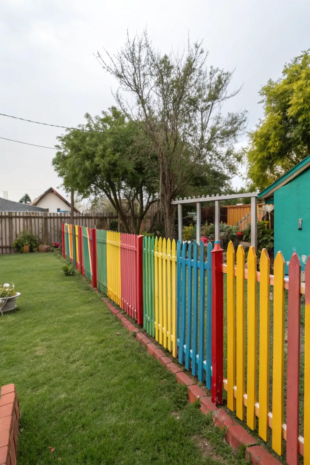 A brightly painted fence adds a vibrant burst of color.