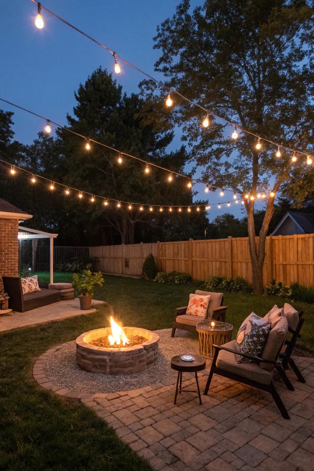 Your fire pit area will have a magical ambiance thanks to the string lights.