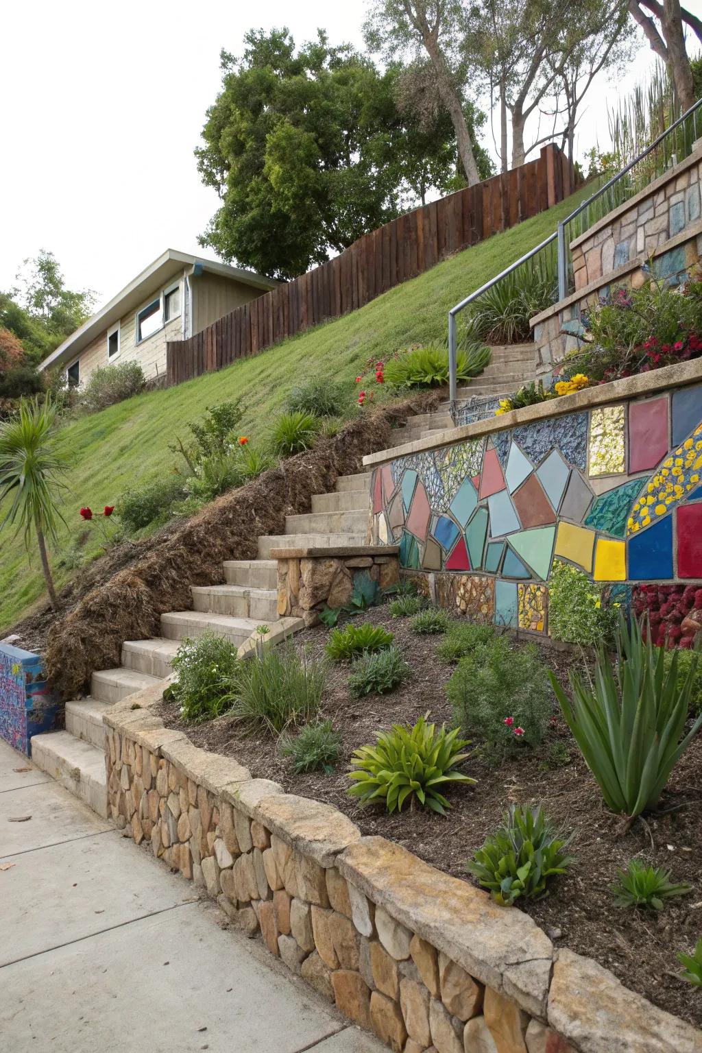 Artistic retaining walls infuse character and support into a hill.