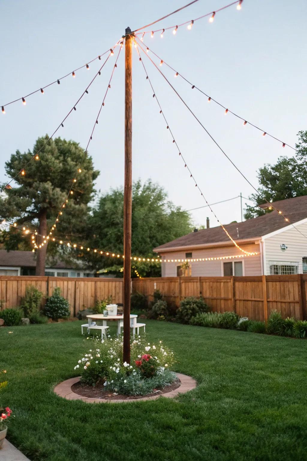 A center pole with string lights creates a dramatic focal point.