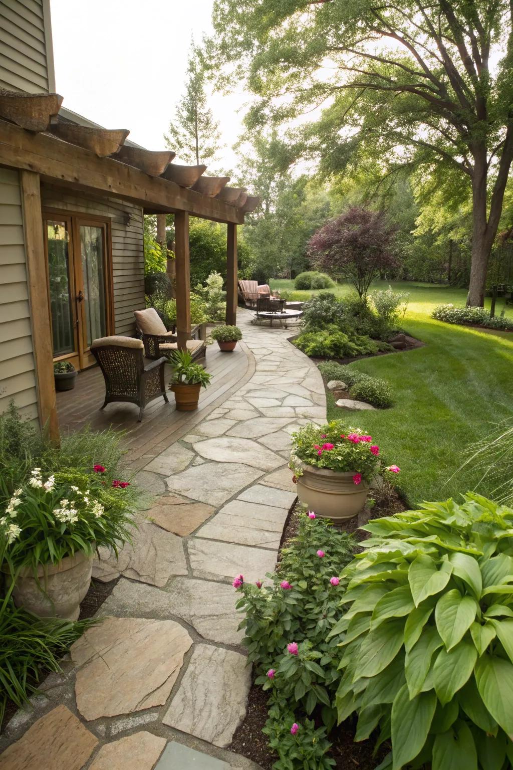 An attractive stone path guides you to the patio.