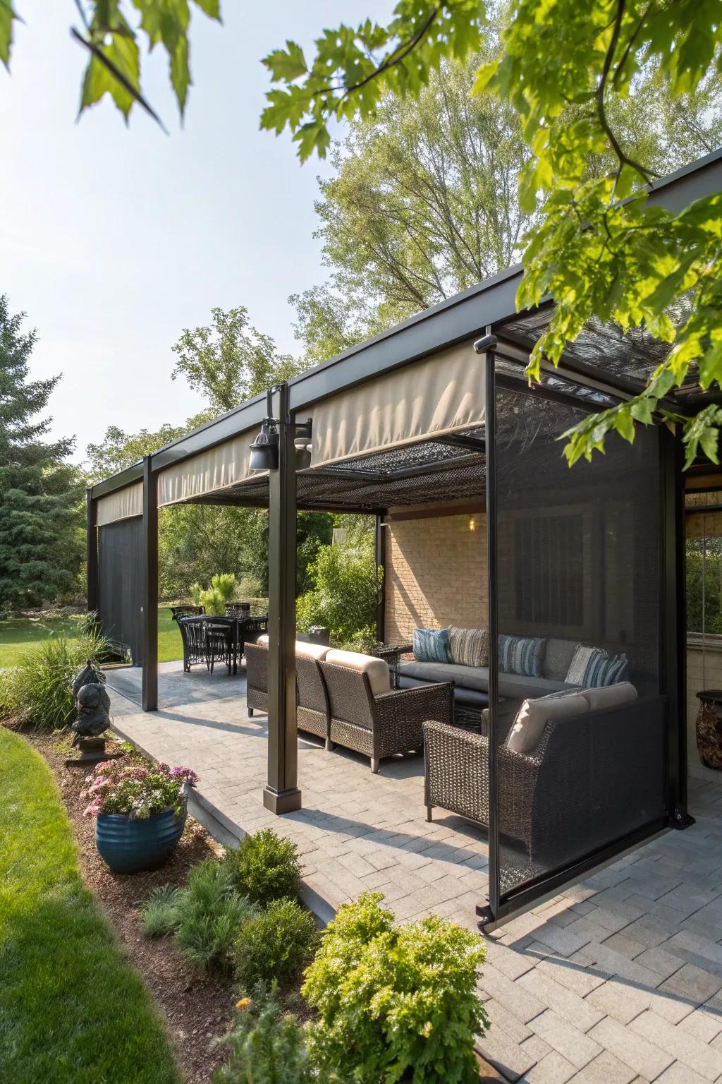 Retractable screens offer adjustable privacy for patios.