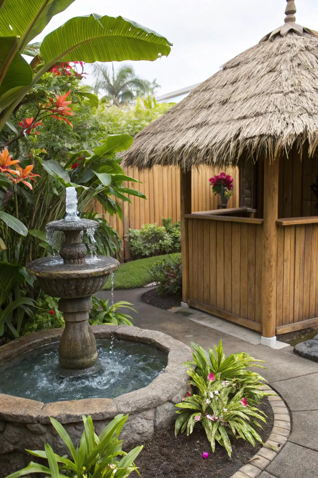 A cascade feature introduces tranquility and a point of focus to your tiki space.