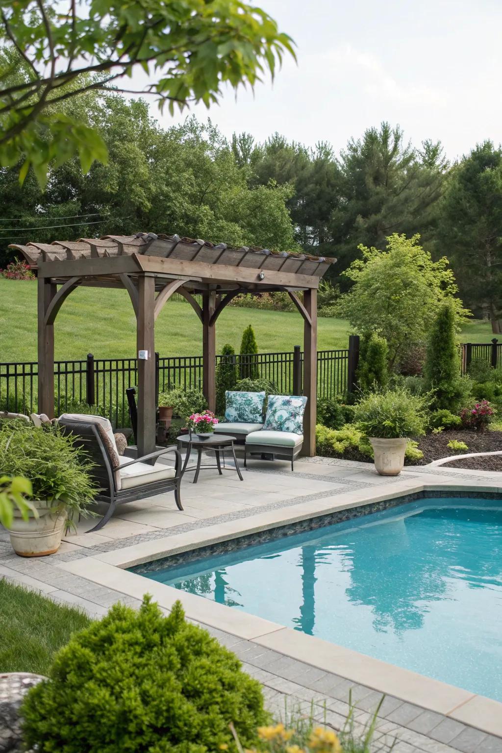An arbor supplies a shaded escape near the pool.