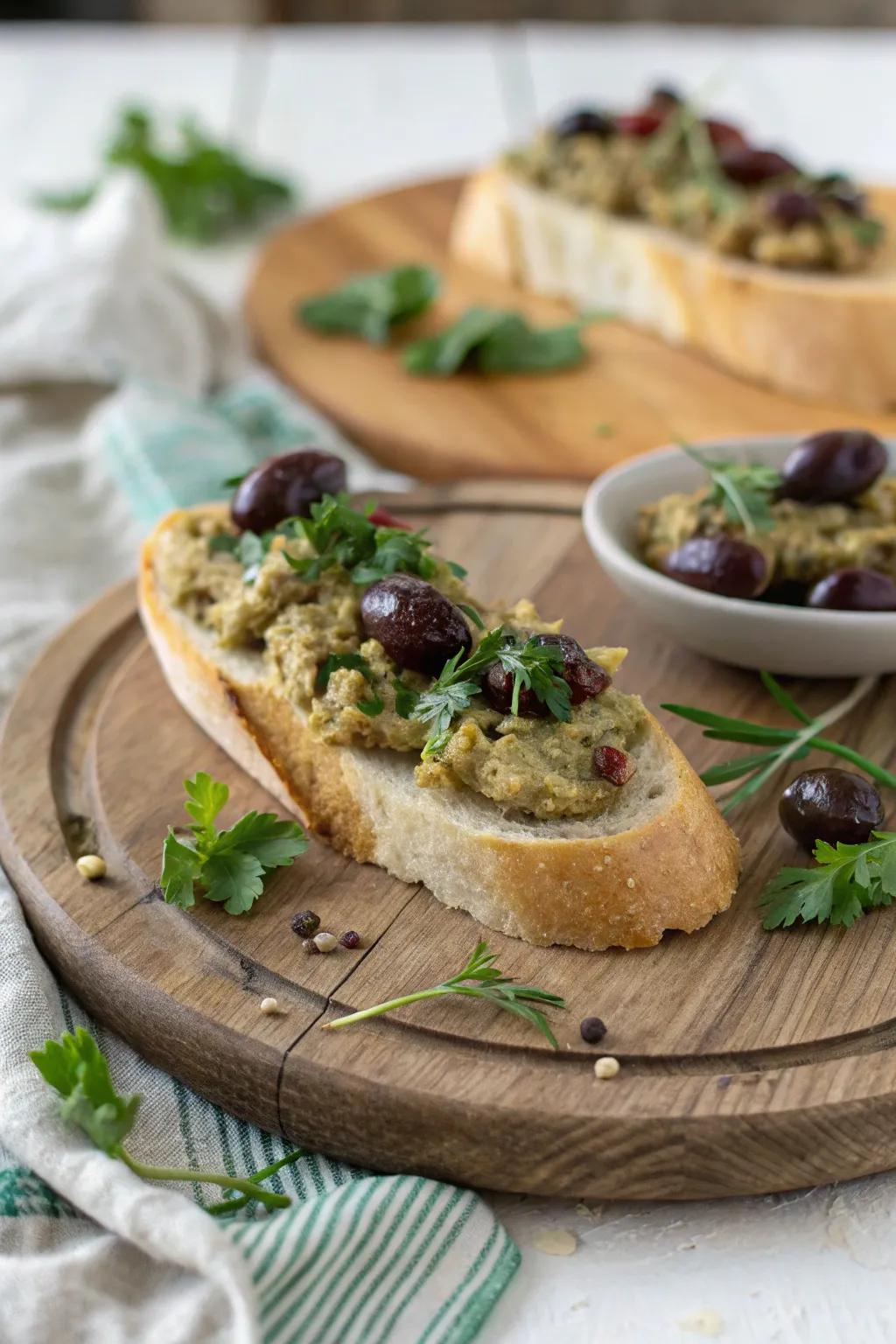 A Mediterranean-inspired baguette with artichoke and olive tapenade.