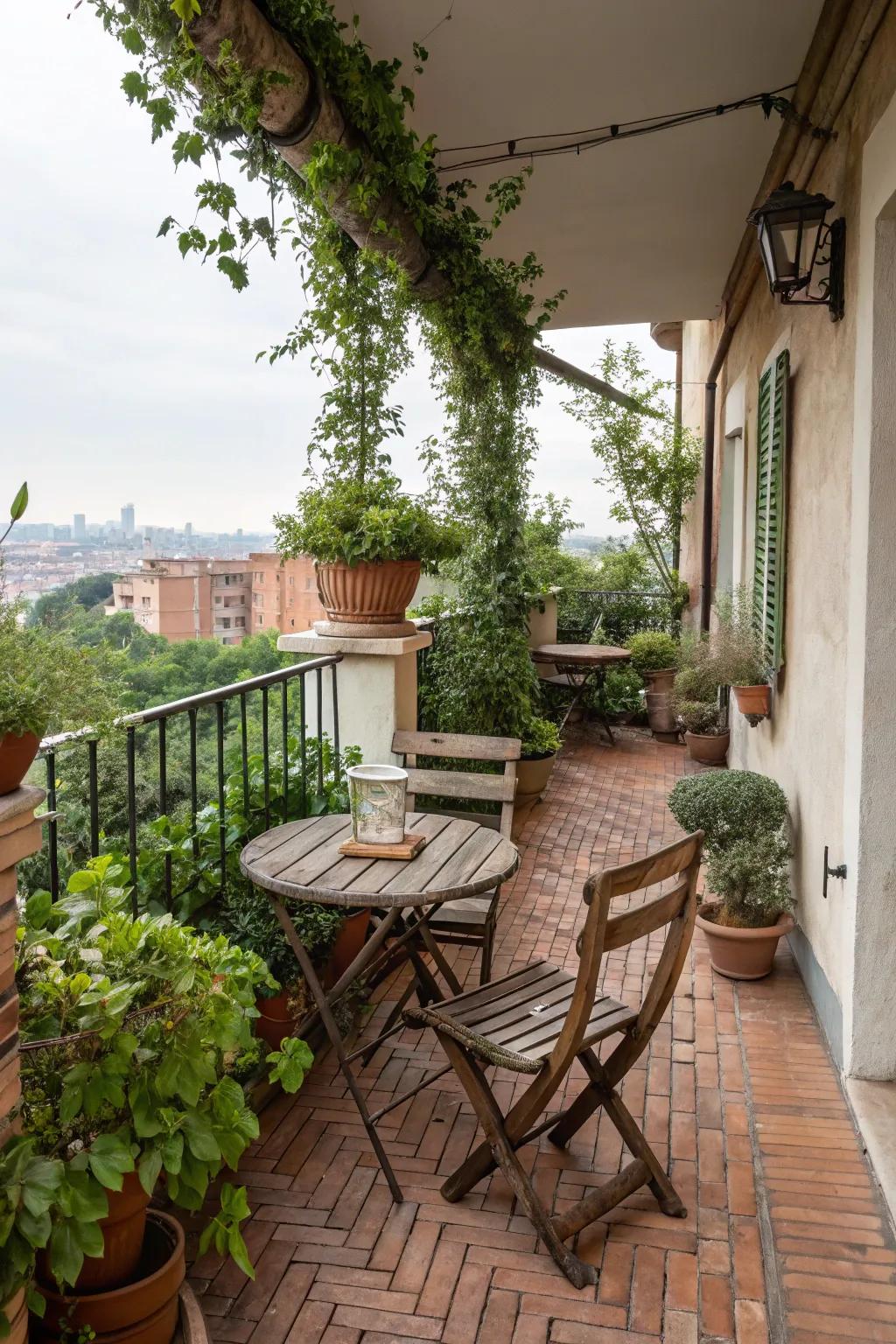 Brick floors add a rustic charm, recalling the warmth of a classic garden path.
