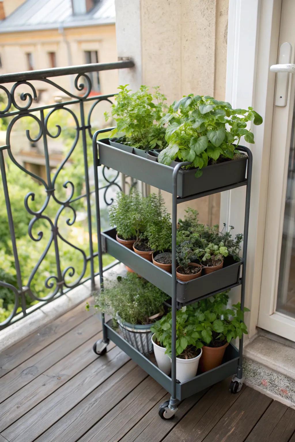 A mobile herb trolley is both useful and stylish for small spaces.