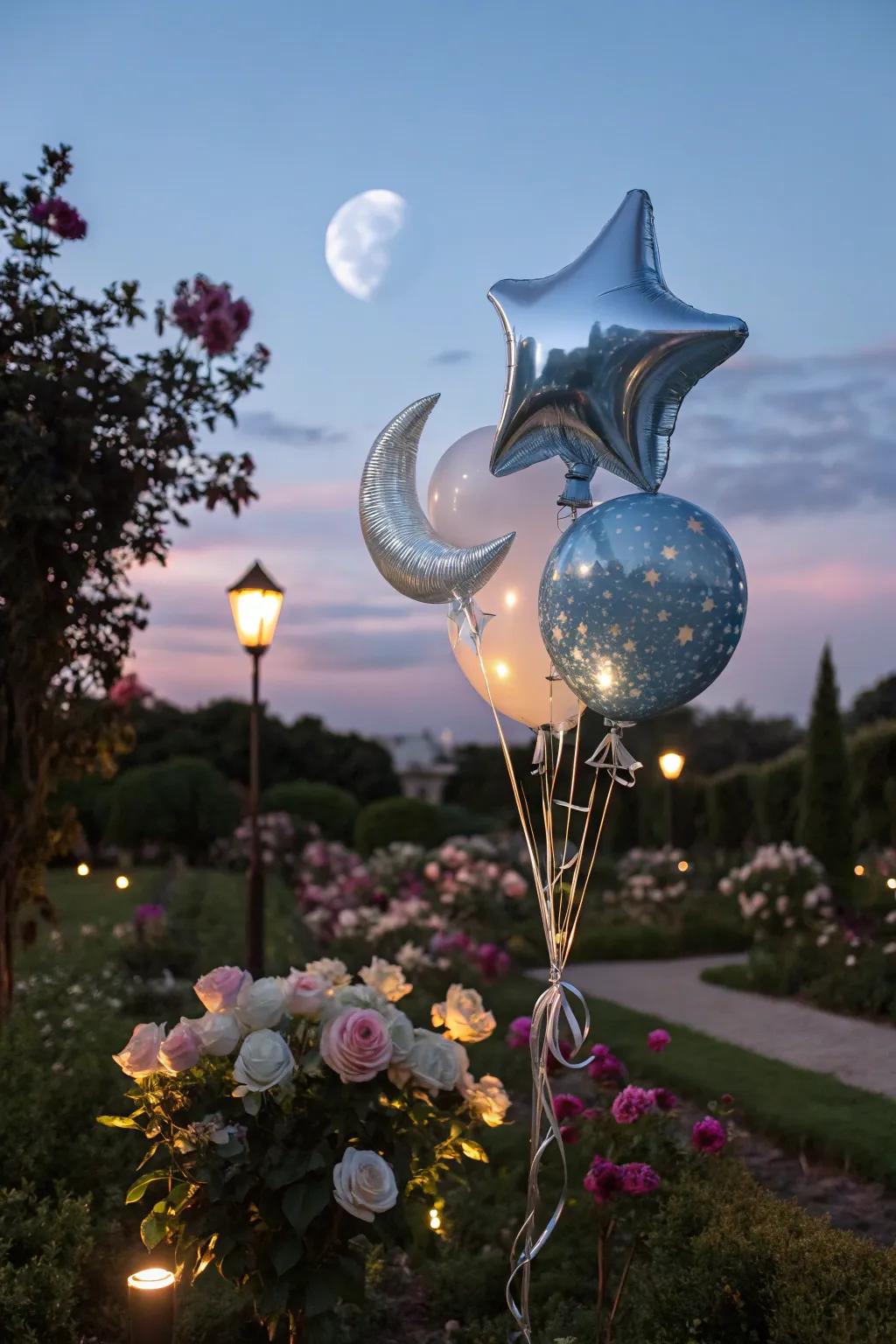 A celestial-themed balloon bouquet that adds magic to evening events.