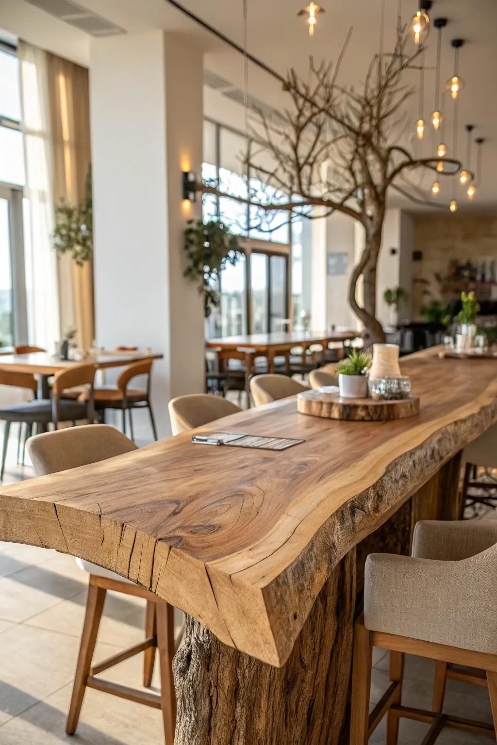 Natural beauty highlighted in a raw timber bar table.