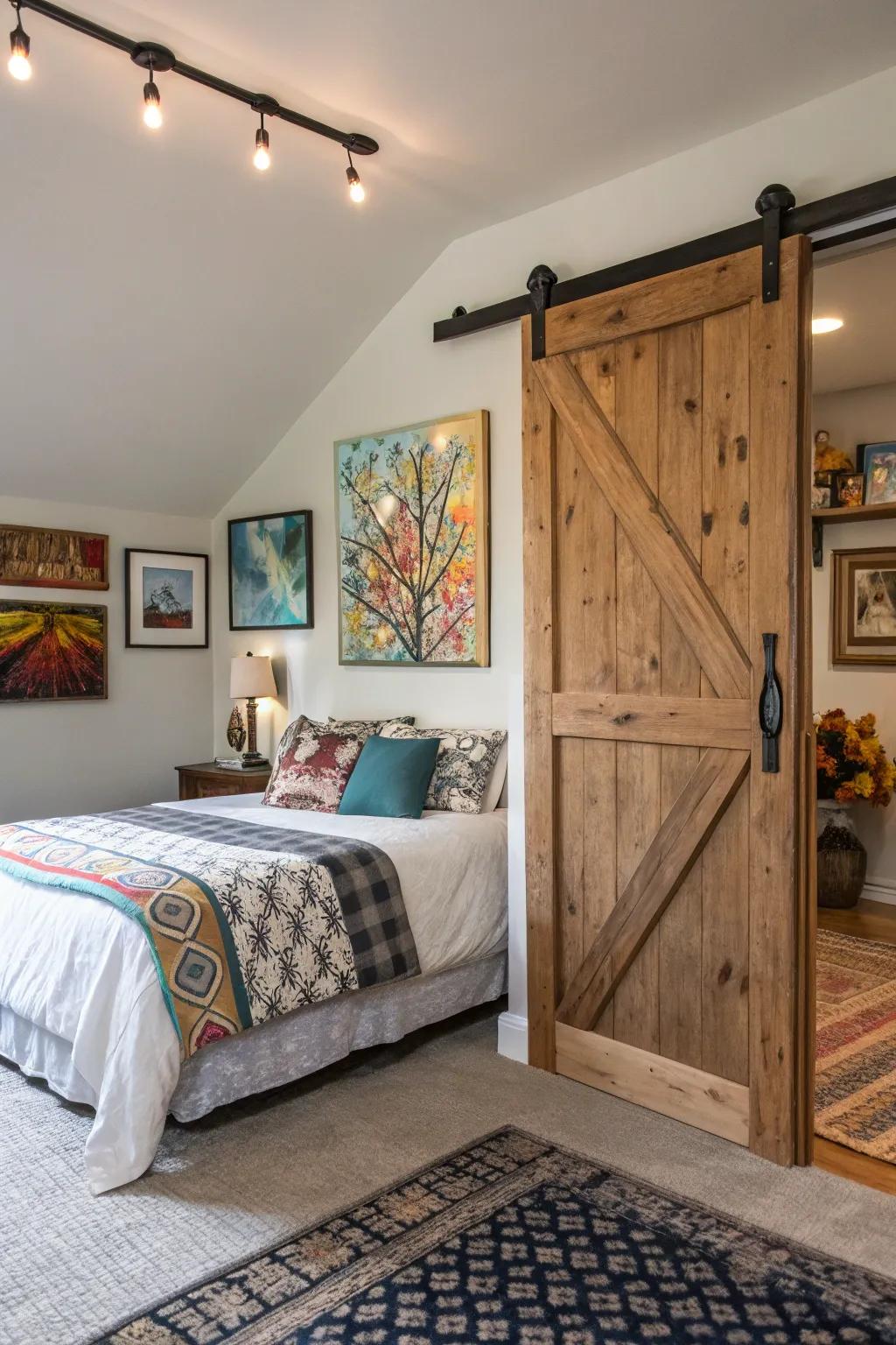 Artwork on the stable door adds a unique and personal touch to this bedroom.