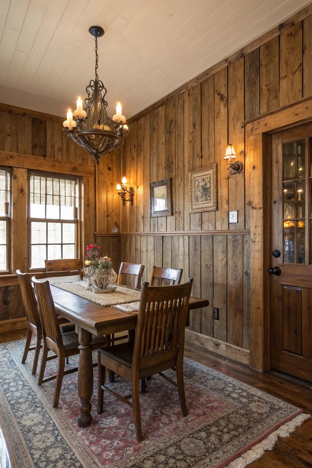 Introduce a country-style twist to wainscoting using barn wood.