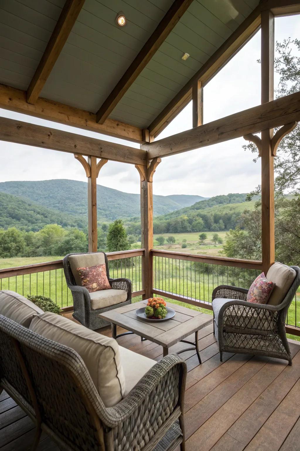 A screened-in veranda provides comfort and bug-free enjoyment.