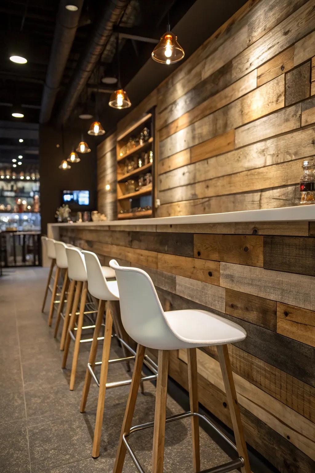 A barnwood wall adding character to a bar area.
