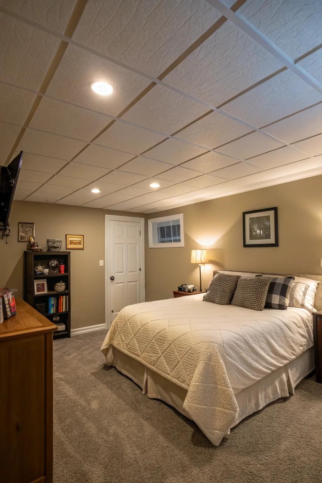 A light-colored ceiling imparts a more expansive sensation to this basement bedroom.