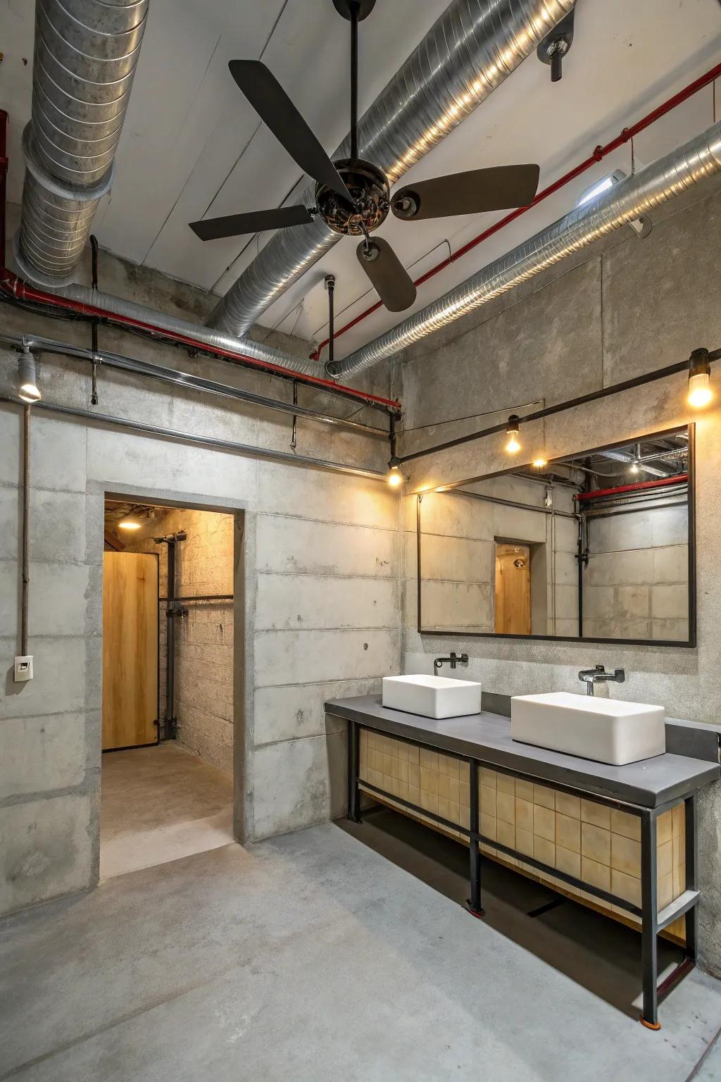 An industrial-style bathroom that features a ceiling fan with metal elements.